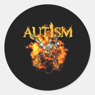 Pegatina Redonda Autism Skeleton Guns Funny Fire Bones Spooki