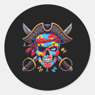 Pegatina Redonda Autism Skeleton Pirate Skull Halloween hombres muj