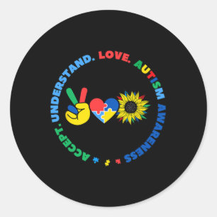 Pegatina Redonda Autisme Kids Superheroes Sunflower Peace Hand Rótu