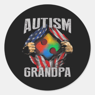 Pegatina Redonda Autismo Abuelo Bandera Americana Autismo Concienci