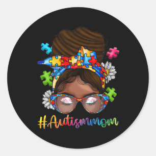 Pegatina Redonda Autismo afro-mamá tiene el pelo de autismo norteam