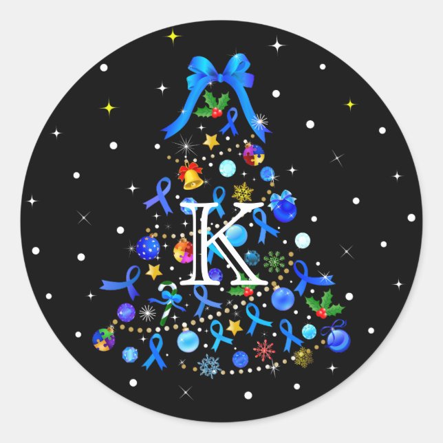 Pegatina Redonda Autismo Árbol de Navidad Azul (Anverso)