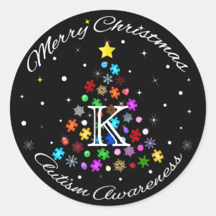 Pegatina Redonda Autismo Árbol de Navidad de Snowflake