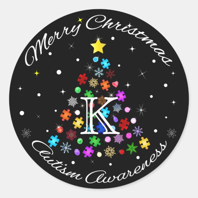 Pegatina Redonda Autismo Árbol de Navidad de Snowflake (Anverso)