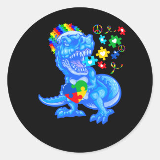 Pegatina Redonda Autismo Conciencia Mes Azul Dinosaurio Azul T Rex
