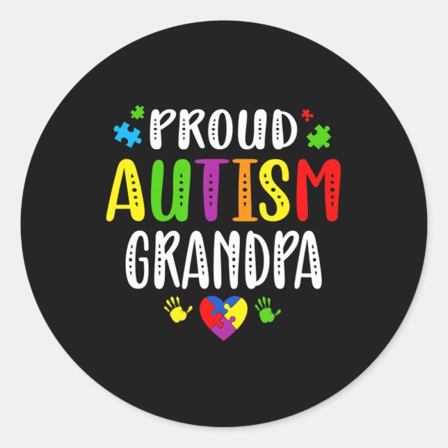 Pegatina Redonda Autismo Conciencia Orgulloso Autismo Abuelo Mano C (Anverso)