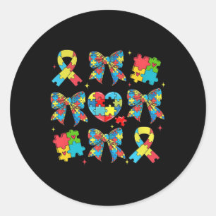 Pegatina Redonda Autismo Coquette Bow Puzzle Ribbon Autismo Mama Ne
