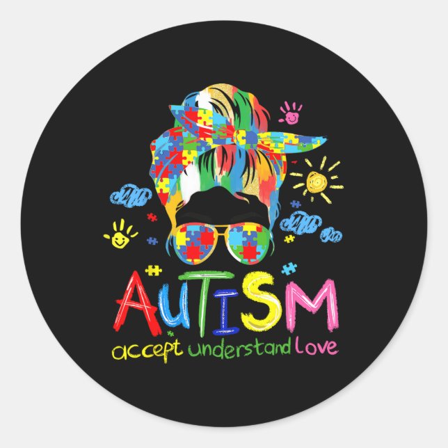Pegatina Redonda Autismo de pincel Concienciación Acepta Amor Diabl (Anverso)