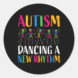 Pegatina Redonda Autismo Gracioso Skeleton bailando nuevo ritmo aut