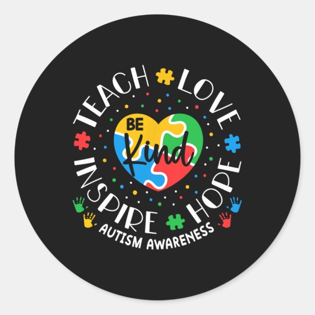 Pegatina Redonda Autismo Maestra Camisas Mujeres Enseñan Amor Inspi (Anverso)