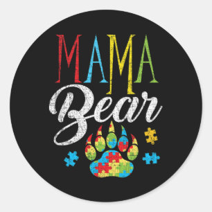 Pegatina Redonda Autismo Mama Bear Puzzle Piece Niño Grunge Autisti
