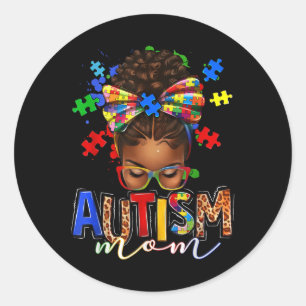 Pegatina Redonda Autismo Mamá desordenada tontería Mujeres negras C