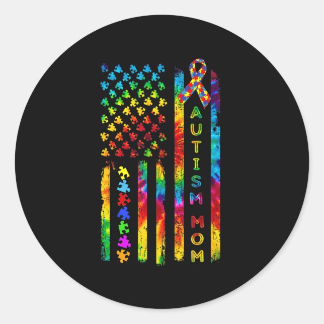 Pegatina Redonda Autismo Mamá Tee Autism Awareness Tye American F (Anverso)