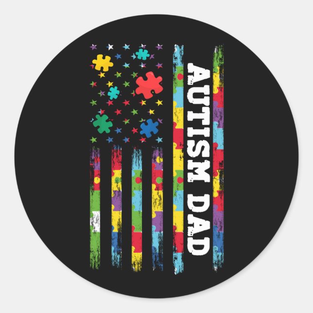 Pegatina Redonda Autismo Papá Conciencia De La Bandera Estadouniden (Anverso)