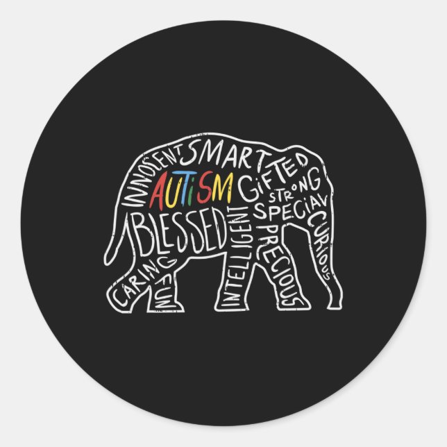 Pegatina Redonda Autismo Sensibilización Elefante Palabras Regalo d (Anverso)