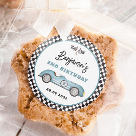 Pegatina Redonda Auto de la carrera azul Retro Dos niño rápido Segu