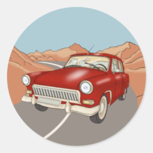 Pegatina Redonda Auto retro rojo en la autopista