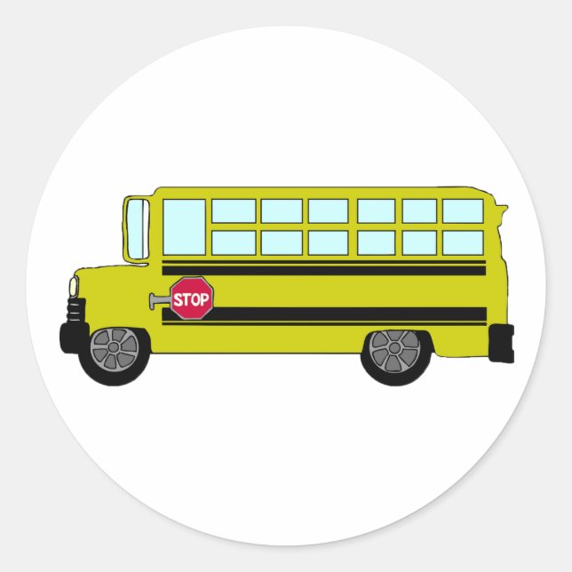 Pegatina Redonda Autobús Escolar Amarillo con Señal de Parada (Anverso)