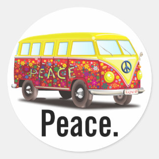 Pegatina Redonda Autobús Hippy Peace and Love