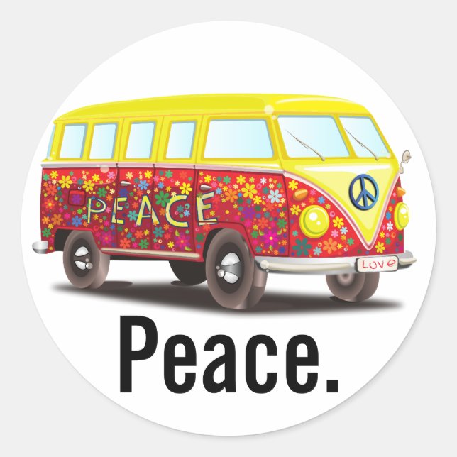 Pegatina Redonda Autobús Hippy Peace and Love (Anverso)