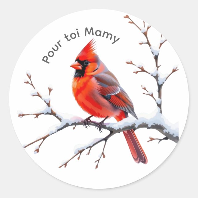 Pegatina Redonda Autocollant Cardinal rouge sur branche enn (Anverso)