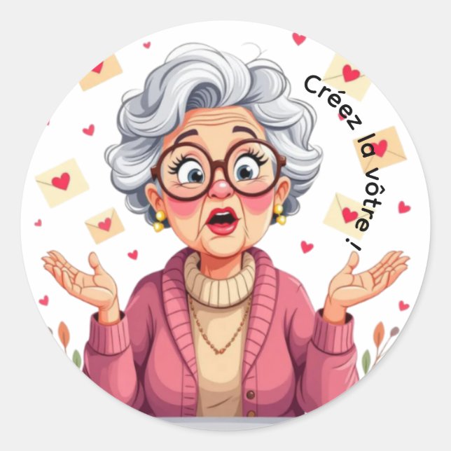 Pegatina Redonda Autocollant femme âgée heureuse recevant des lettr (Anverso)
