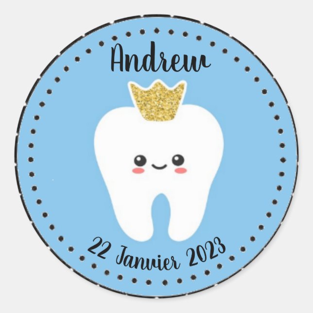 Pegatina Redonda Autocollant personnalisé Première Dent Bébé Garçon (Anverso)