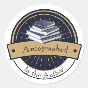 Pegatina Redonda Autografiado por el autor, pila de libros