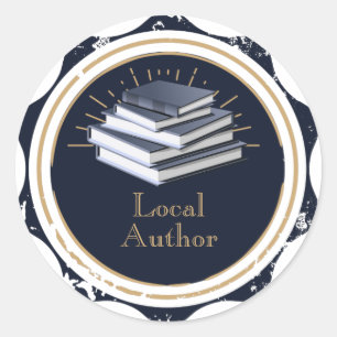 Pegatina Redonda Autor local, pila de libros,