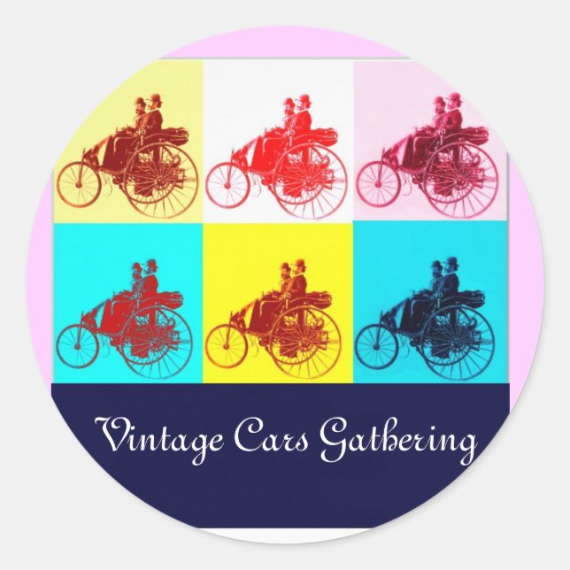 Pegatina Redonda Autos de época reuniendo arte pop (Anverso)