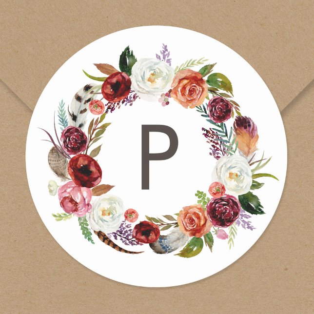 Pegatina Redonda Autumn Boho florece Wreath Boda Monograma (Subido por el creador)