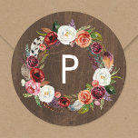 Pegatina Redonda Autumn Boho florece Wreath Boda Monograma<br><div class="desc">Personalizado imprimió pegatinas redondos con una corona floral de color boho en colores rústicos de otoño sobre un fondo falso de madera. Personalízalo con tu texto inicial de monograma u otro texto personalizado. Utilice las herramientas de diseño para cambiar los tipos de letra y los colores del texto o agregue...</div>