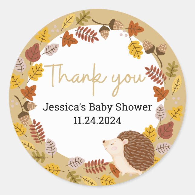 Pegatina Redonda Autumn Brown Hedgehog Baby Shower Gracias (Anverso)