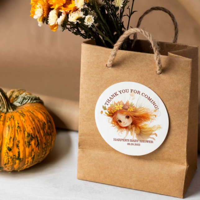 Pegatina Redonda Autumn Fairy Woodland Baby Shower (Step into an enchanting autumn forest where fairies flutter, and woodland creatures play. )