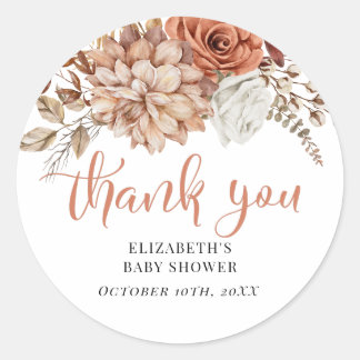 Pegatina Redonda Autumn Fall Floral Baby Shower Gracias Por Favor