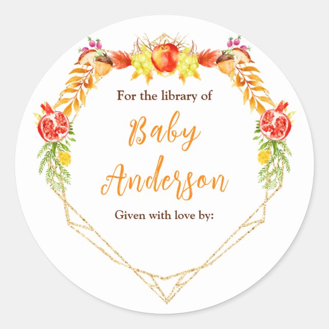 Pegatina Redonda Autumn Fall Harvest Baby Shower Bookplate (Anverso)
