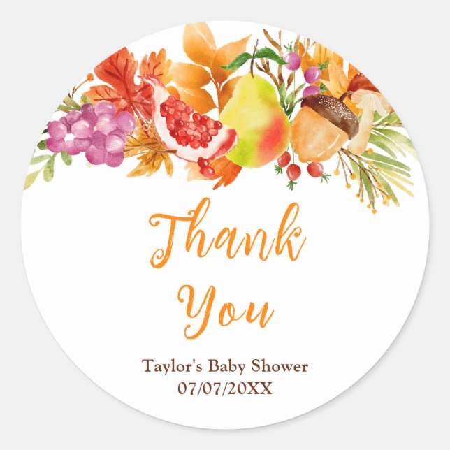 Pegatina Redonda Autumn Fall Harvest Baby Shower Thank You (Anverso)