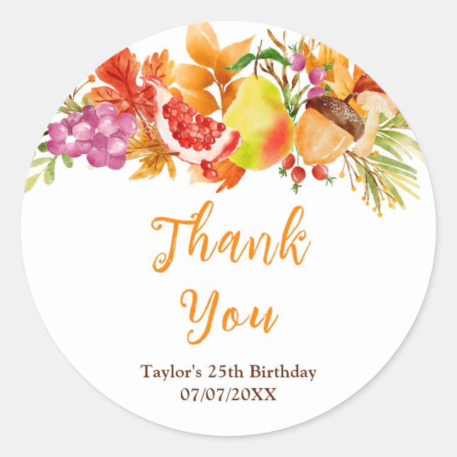 Pegatina Redonda Autumn Fall Harvest Birthday Party Thank You (Anverso)
