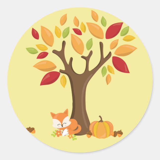 Pegatina Redonda Autumn Fox under Tree with Pumpkin (Anverso)