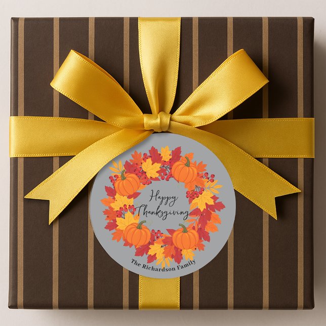 Pegatina Redonda Autumn Leaves Pumpkin Berry Wreath Family Name (Subido por el creador)