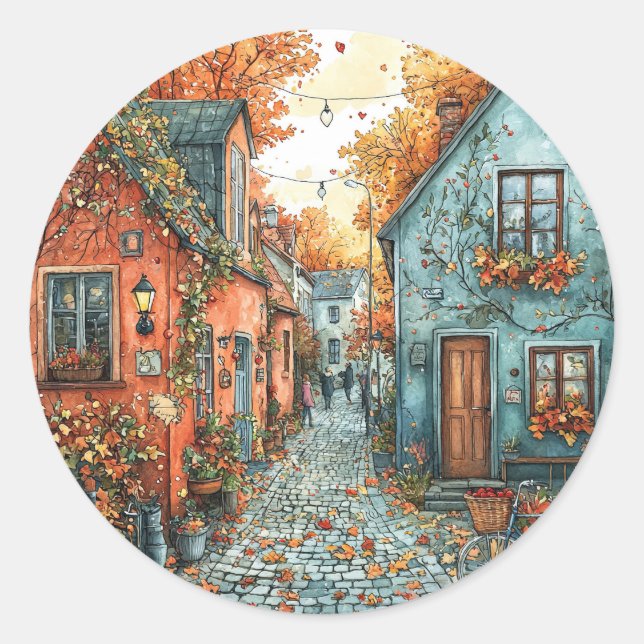 Pegatina Redonda Autumn Leaves Village Street Ilustracion (Anverso)
