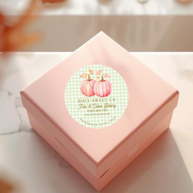 Pegatina Redonda Autumn Pink Pumpkin Gingham Bakery (Pink Pumpkin Green Gingham Bakery sticker)