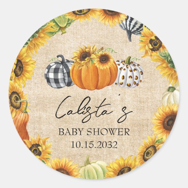 Pegatina Redonda Autumn Pumpkin Sunflower Burlap Baby Shower Favore (Anverso)