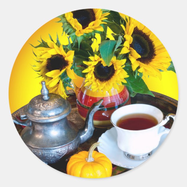 Pegatina Redonda Autumn Tea Service con girasoles (Anverso)