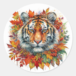 Pegatina Redonda Autumn Tiger Face Among Fall Leaves