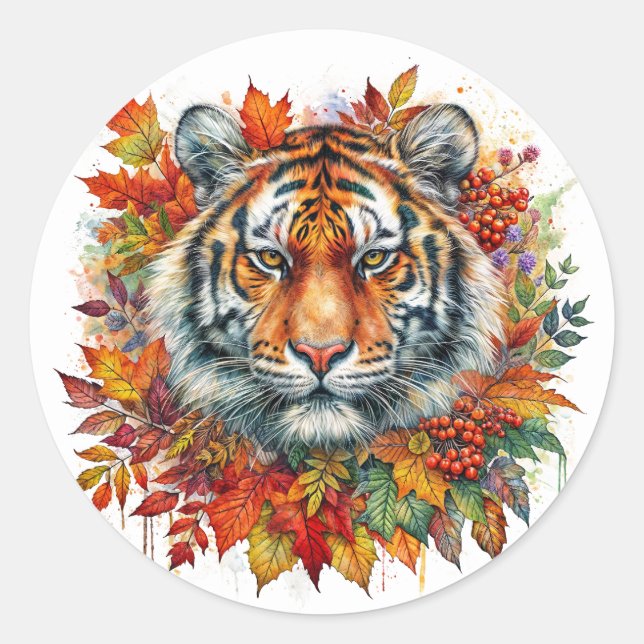 Pegatina Redonda Autumn Tiger Face Among Fall Leaves (Anverso)