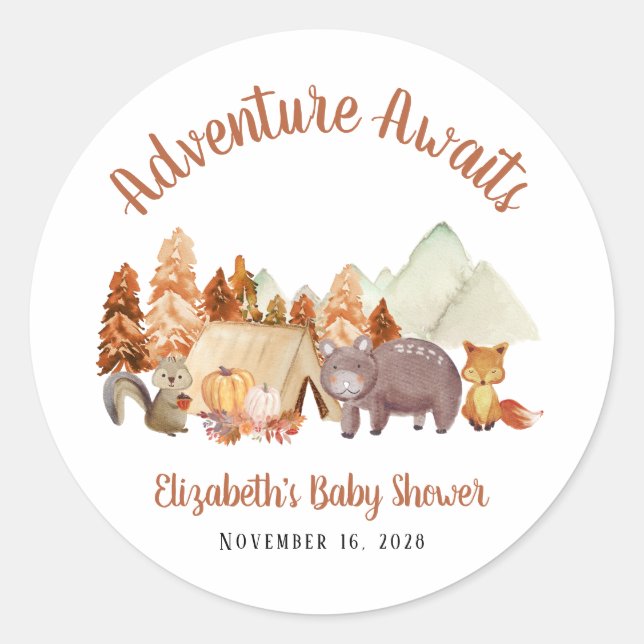 Pegatina Redonda Autumn Woodland Animals Adventure Baby Shower (Anverso)