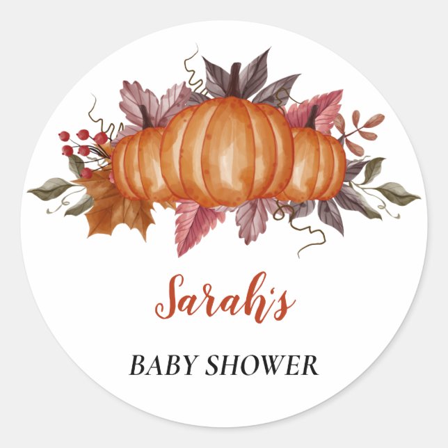 Pegatina Redonda Autumt fall leaf Pumpkin Baby Shower, nombre perso (Anverso)