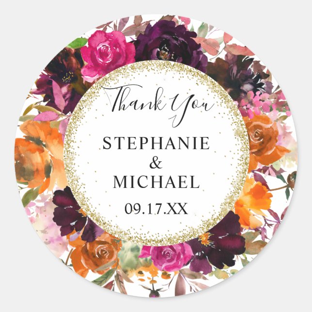 Pegatina Redonda Autumt Floral Gold Purpurina Boda Gracias (Anverso)