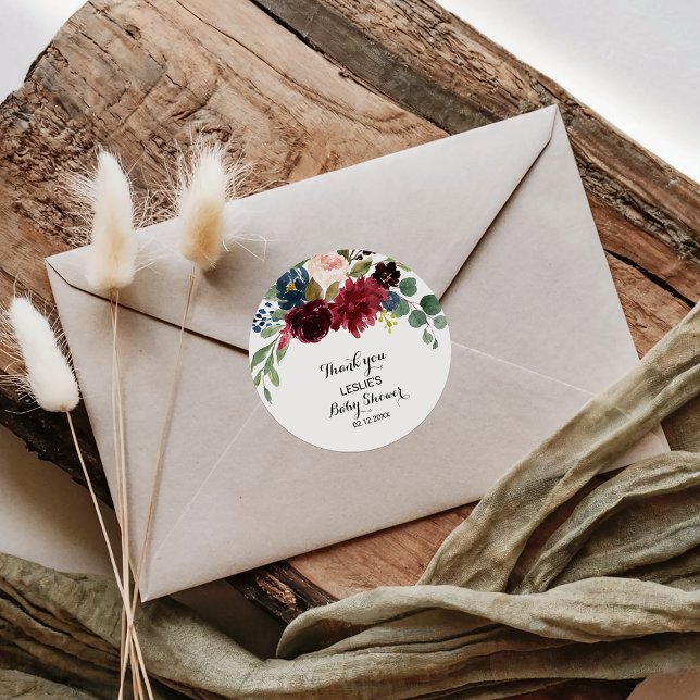 Pegatina Redonda Autumt Rustic Burgundy Baby Shower Gracias (Subido por el creador)